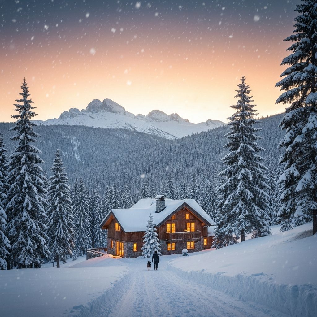 Luxury cabin in snowy landscape